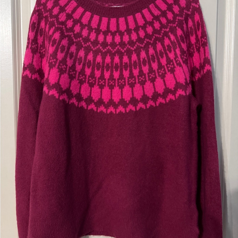 J. Crew Pink and Red Crew Neck Sweater with Fair Isle Design